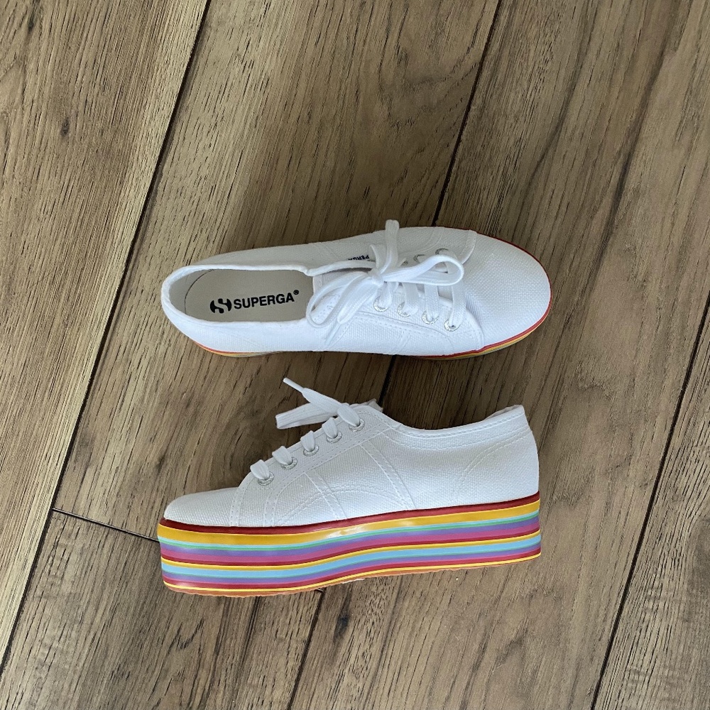 Superga White Canvas Sneakers with Rainbow Platform